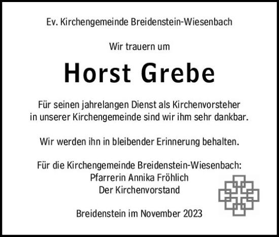 Traueranzeige von Horst Grebe von Hinterländer Anzeiger
