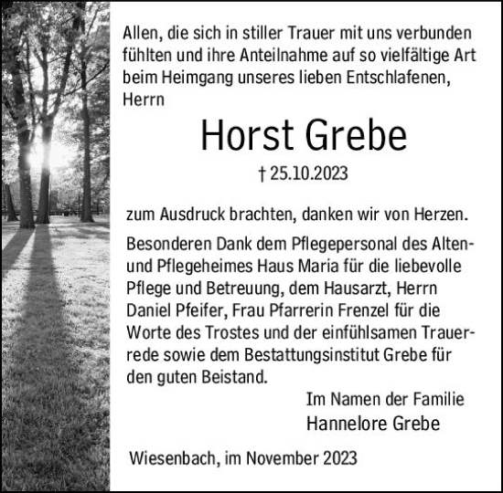 Traueranzeige von Horst Grebe von Hinterländer Anzeiger