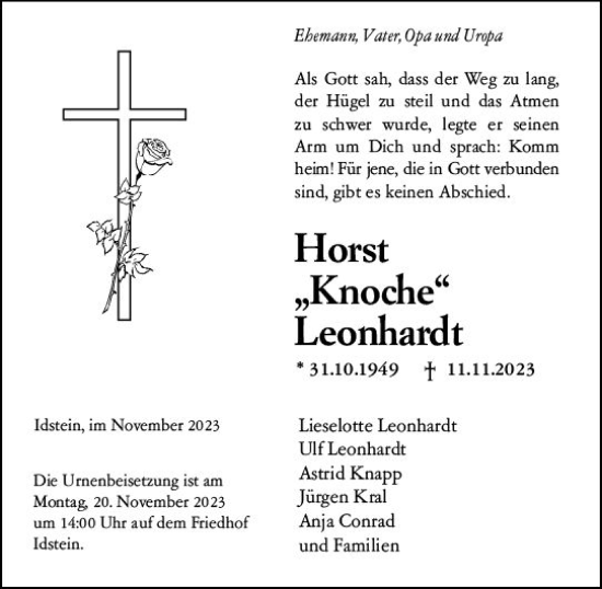 Traueranzeige von Horst Leonhardt von Idsteiner Land/Untertaunus