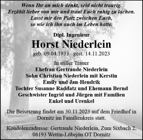 Traueranzeige von Horst Niederlein von Allgemeine Zeitung Bingen/Ingelheim