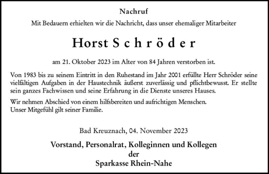 Traueranzeige von Horst Schröder von Allgemeine Zeitung Bad Kreuznach
