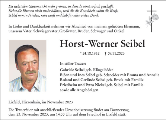 Traueranzeige von Horst-Werner Seibel von Hinterländer Anzeiger