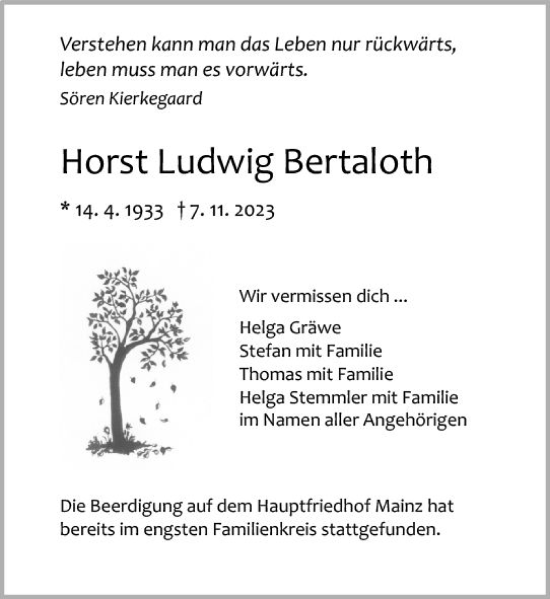 Traueranzeige von Horst Ludwig Bertaloth von Allgemeine Zeitung Mainz