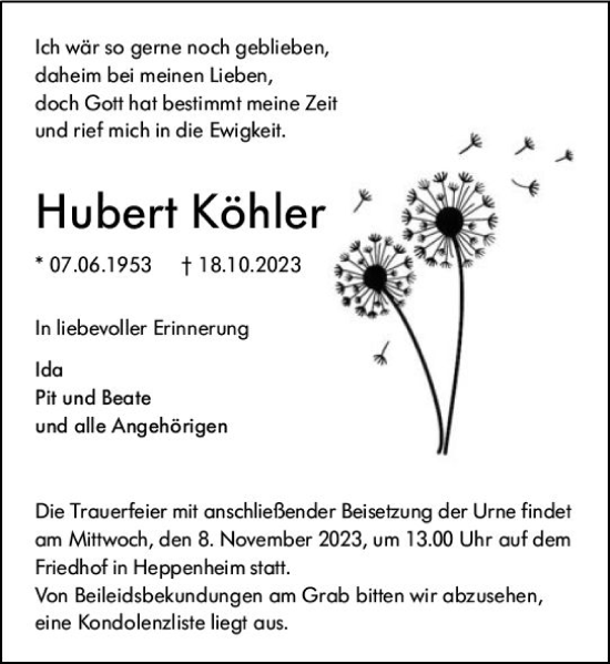 Traueranzeige von Hubert Köhler von Starkenburger Echo