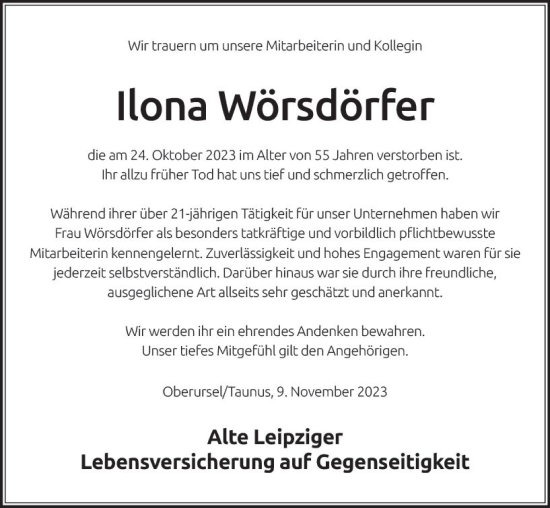 Traueranzeige von Ilona Wörsdörfer von Dill Block
