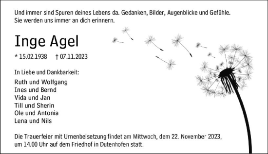 Traueranzeige von Inge Agel von Wetzlarer Neue Zeitung