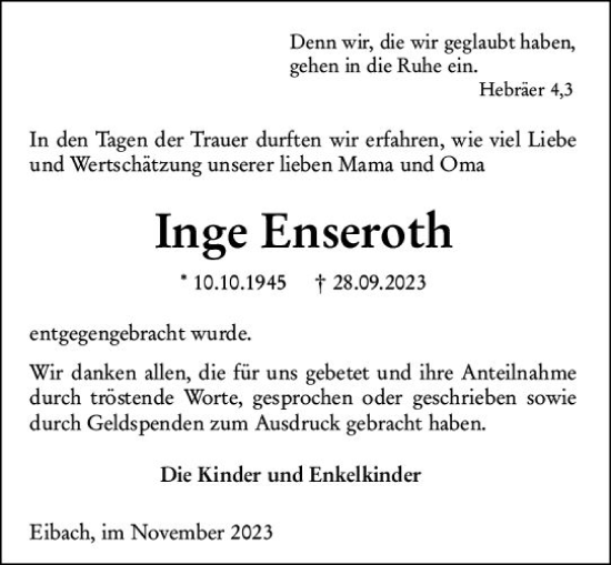 Traueranzeige von Inge Enseroth von Dill Block