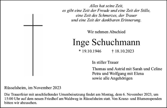 Traueranzeige von Inge Schuchmann von Rüsselsheimer Echo