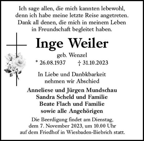 Traueranzeige von Inge Weiler von Wiesbadener Kurier