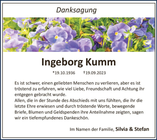 Traueranzeige von Ingeborg Kumm von Rüsselsheimer Echo