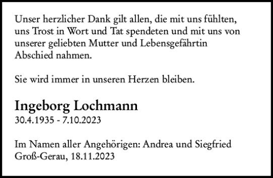 Traueranzeige von Ingeborg Lochmann von Groß-Gerauer Echo