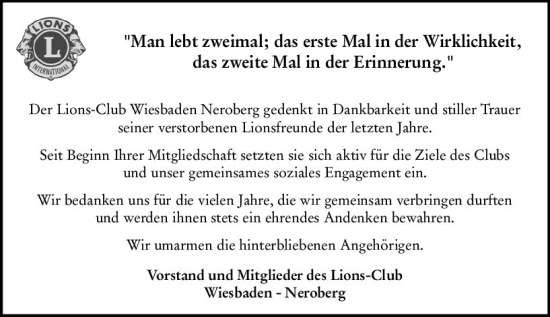 Traueranzeige von In Gedenken  von Wiesbadener Kurier