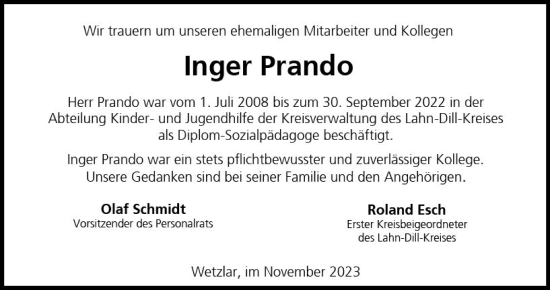 Traueranzeige von Inger Prando von Dill Block