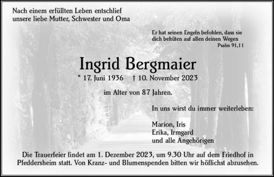 Traueranzeige von Ingrid Bergmaier von Wormser Zeitung