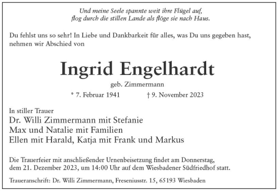 Traueranzeige von Ingrid Engelhardt von Wiesbadener Kurier