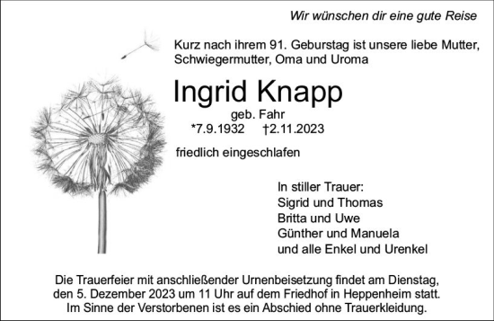 Traueranzeige von Ingrid Knapp von Starkenburger Echo