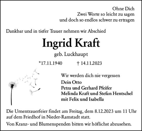 Traueranzeige von Ingrid Kraft von Darmstädter Echo