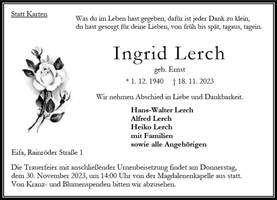 Traueranzeige von Ingrid Lerch von Oberhessen Kurier