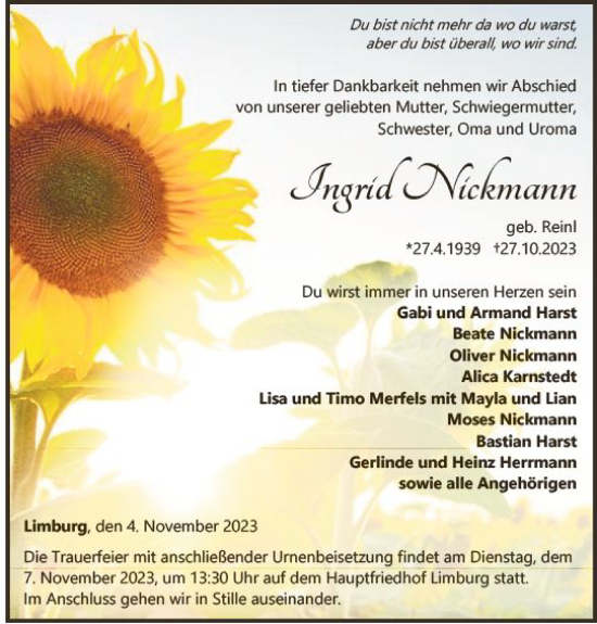 Traueranzeige von Ingrid Nickmann von Nassauische Neue Presse