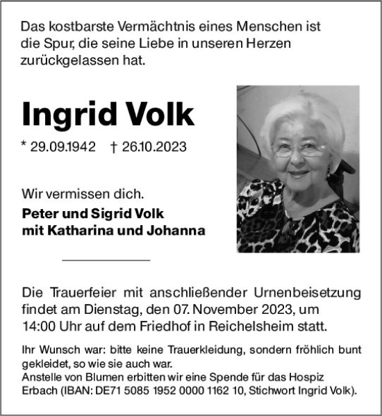 Traueranzeige von Ingrid Volk von Odenwälder Echo