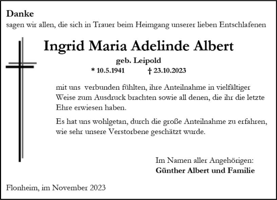 Traueranzeige von Ingrid Maria Adelinde Albert von Allgemeine Zeitung Alzey
