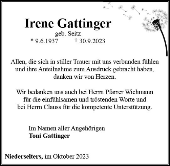 Traueranzeige von Irene Gattinger von Camberger Anzeiger