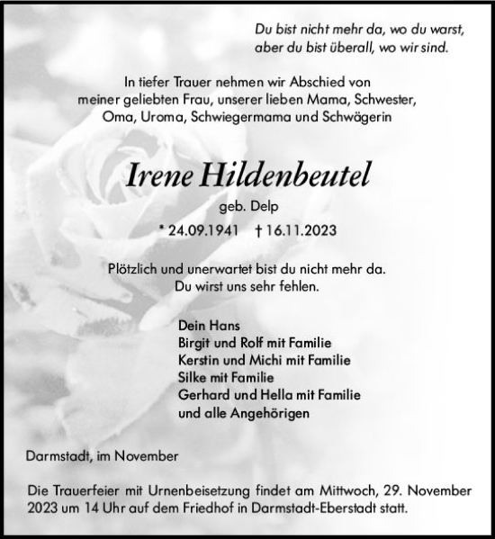 Traueranzeige von Irene Hildenbeutel von Darmstädter Echo