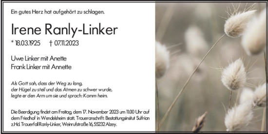 Traueranzeige von Irene Ranly-Linker von Allgemeine Zeitung Alzey