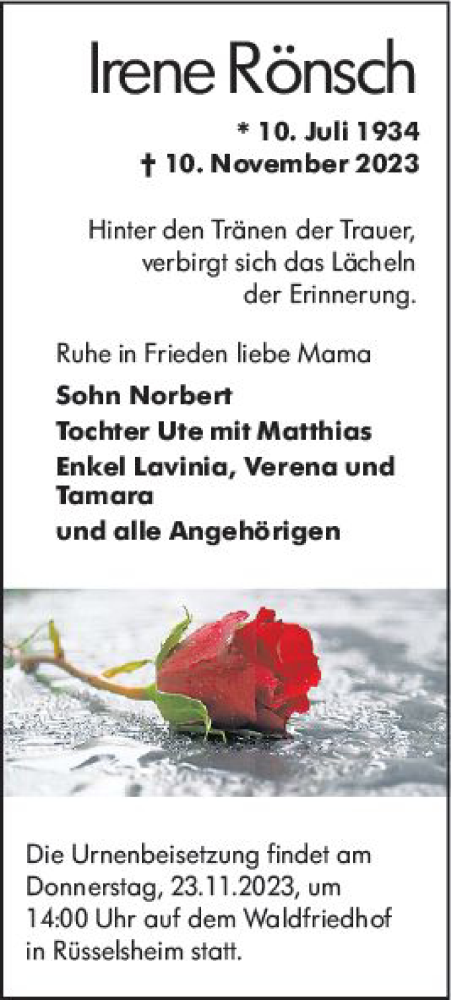 Traueranzeige von Irene Rönsch von Rüsselsheimer Echo