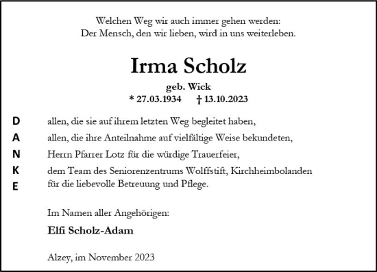 Traueranzeige von Irma Scholz von Allgemeine Zeitung Alzey