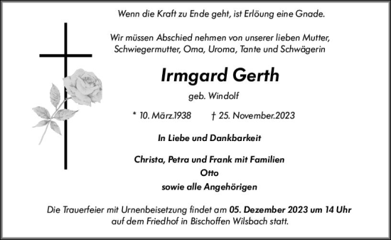 Traueranzeige von Irmgard Gerth von Wetzlarer Neue Zeitung