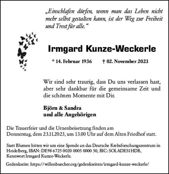 Traueranzeige von Irmgard Kunze-Weckerle von Darmstädter Echo
