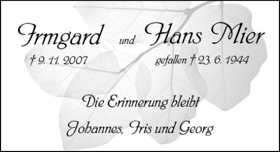 Traueranzeige von Irmgard Mier von Wetzlarer Neue Zeitung