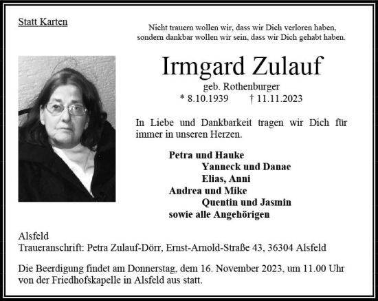 Traueranzeige von Irmgard Zulauf von VRM Trauer