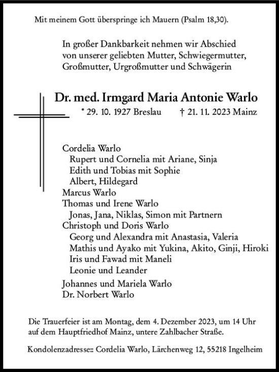 Traueranzeige von Irmgard Maria Antonie Warlo von Allgemeine Zeitung Mainz