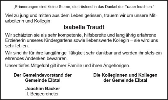 Traueranzeige von Isabella Traudt von Nassauische Neue Presse