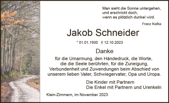 Traueranzeige von Jakob Schneider von Dieburger Anzeiger/Groß-Zimmerner Lokal-Anzeiger