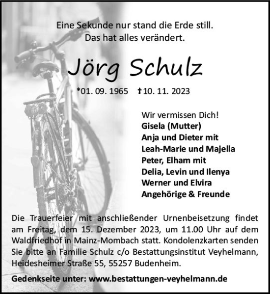 Traueranzeige von Jörg Schulz von Allgemeine Zeitung Mainz