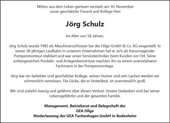 Traueranzeige von Jörg Schulz von Allgemeine Zeitung Mainz