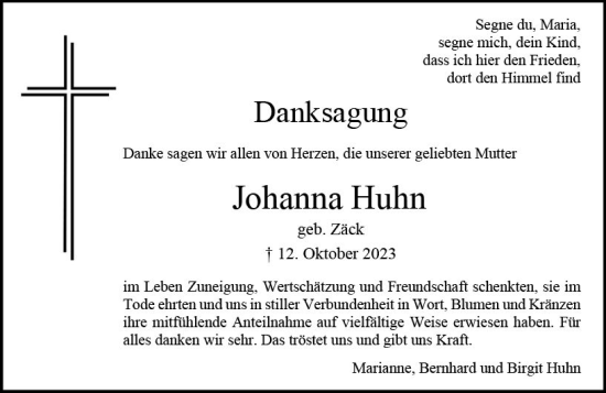 Traueranzeige von Johanna Huhn von Allgemeine Zeitung Bad Kreuznach