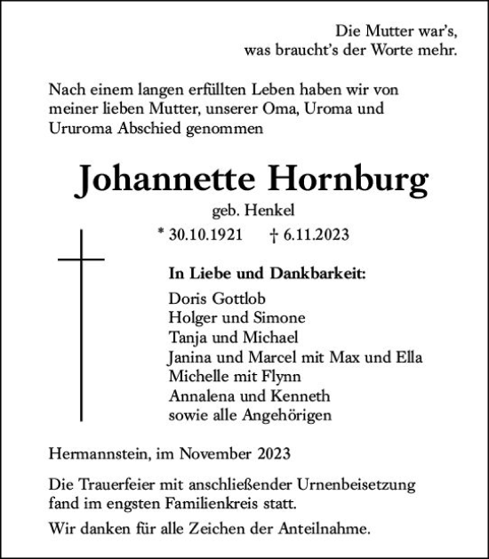 Traueranzeige von Johannette Hornburg von Wetzlarer Neue Zeitung
