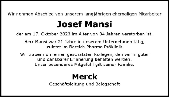 Traueranzeige von Josef Mansi von Darmstädter Echo
