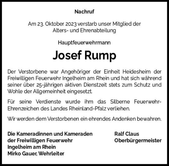 Traueranzeige von Josef Rump von Allgemeine Zeitung Bingen/Ingelheim