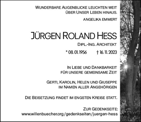 Traueranzeige von Jürgen Roland Hess von Darmstädter Echo