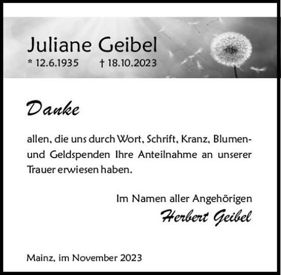 Traueranzeige von Juliane Geibel von Allgemeine Zeitung Mainz