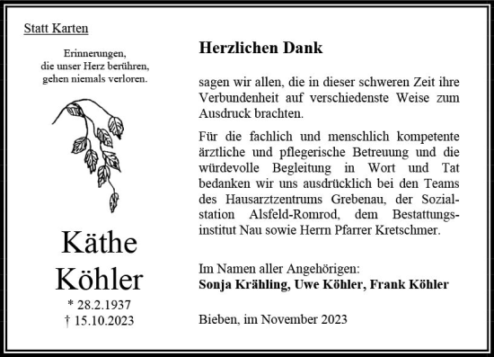 Traueranzeige von Käthe Köhler von Oberhessen Kurier