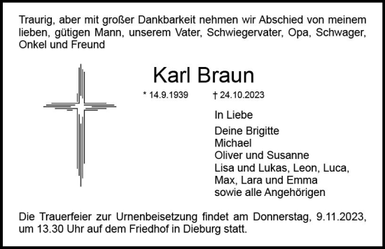 Traueranzeige von Karl Braun von Dieburger Anzeiger/Groß-Zimmerner Lokal-Anzeiger