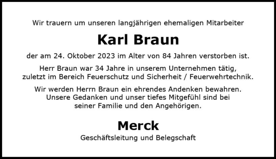 Traueranzeige von Karl Braun von Darmstädter Echo