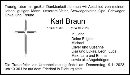 Traueranzeige von Karl Braun von Darmstädter Echo