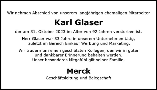 Traueranzeige von Karl Glaser von Darmstädter Echo